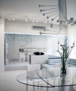 Modern living room with mirrored waterfall features